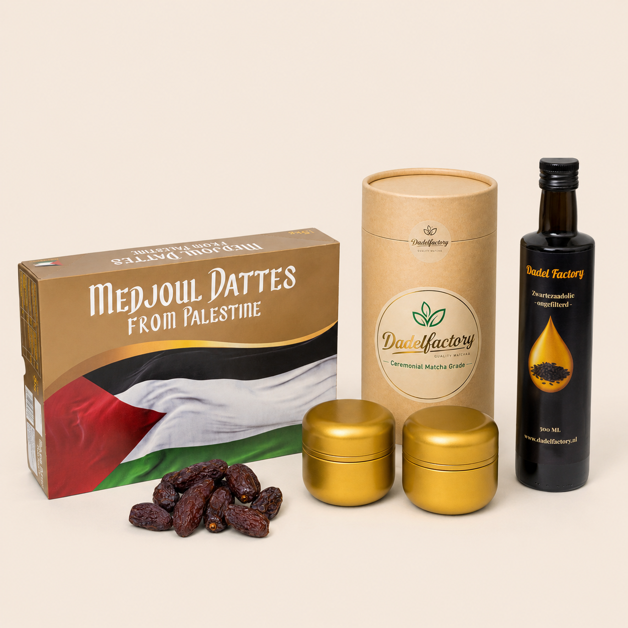 Premium Bundel – 5 kg Medjoul Dadels, 500 ml Zwartezaadolie & 100 g Ceremonial Matcha